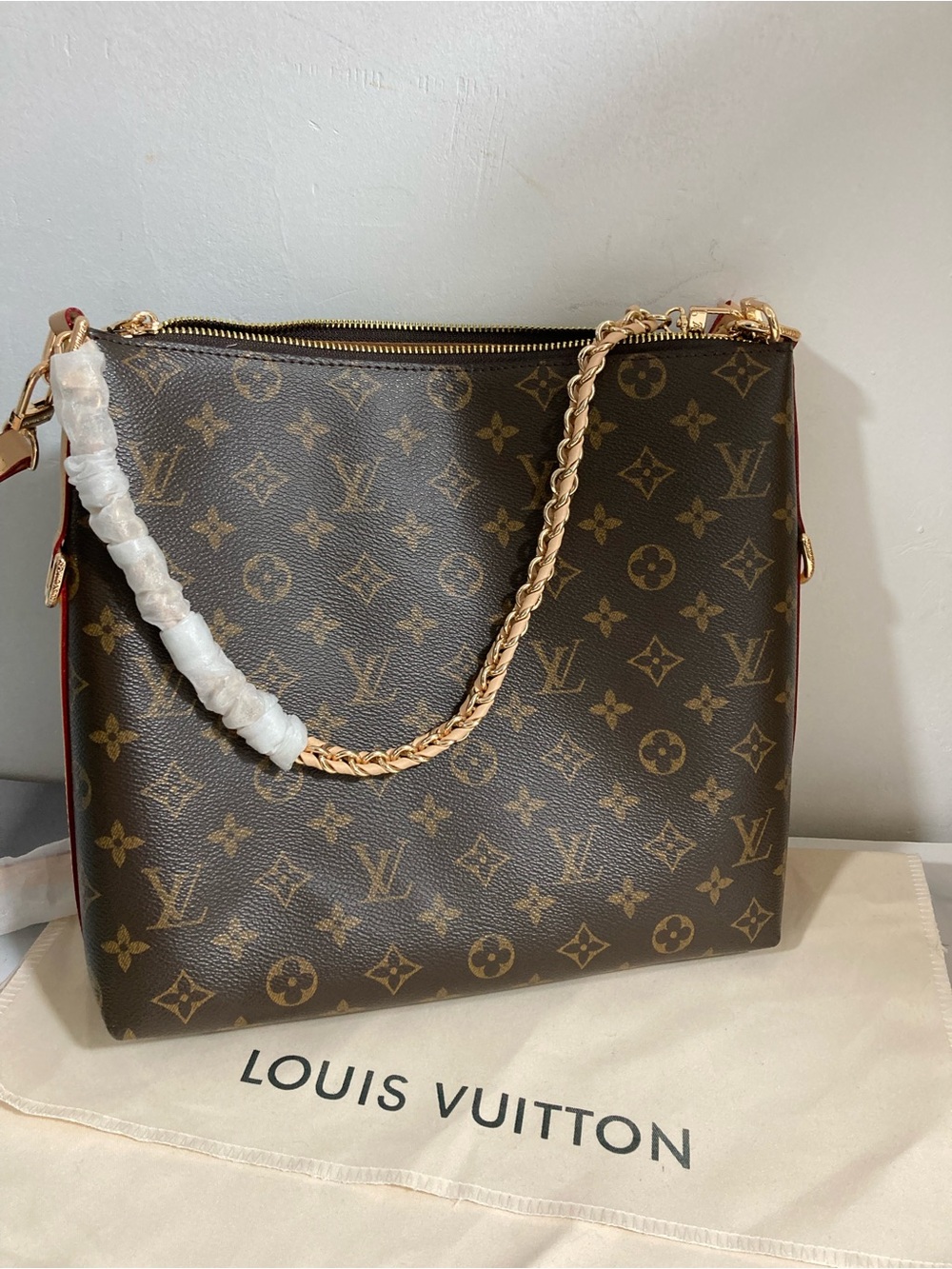 Louis Vuitton Brown Monogram Canvas Hobo Shoulder Bag with Gold Chain